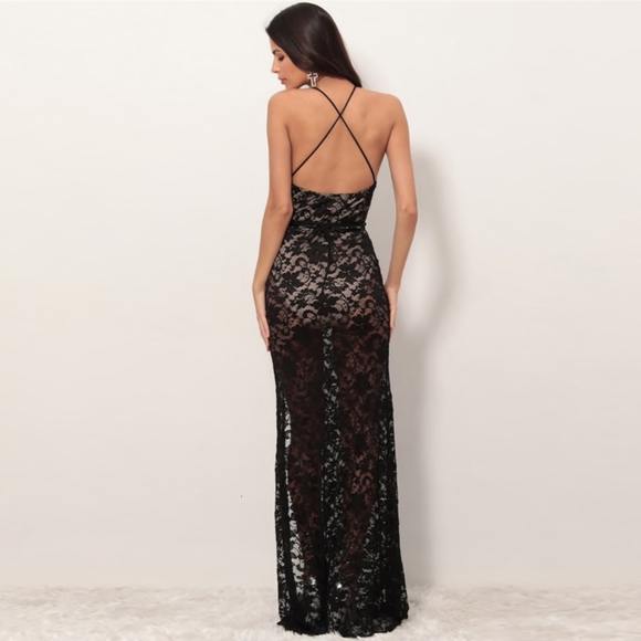 Plunging V Lace Dress with Built-In Bodysuit - Picture 3 of 8